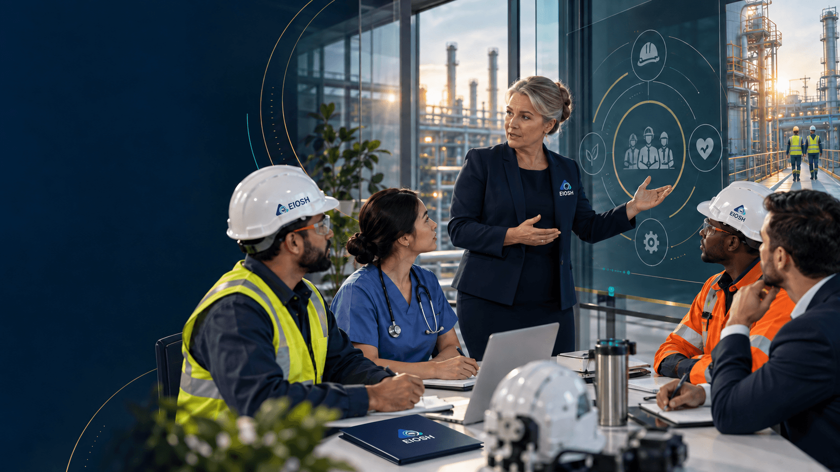 EIOSH-branded instructor leading professionals from safety, healthcare and operations in a workplace learning session
