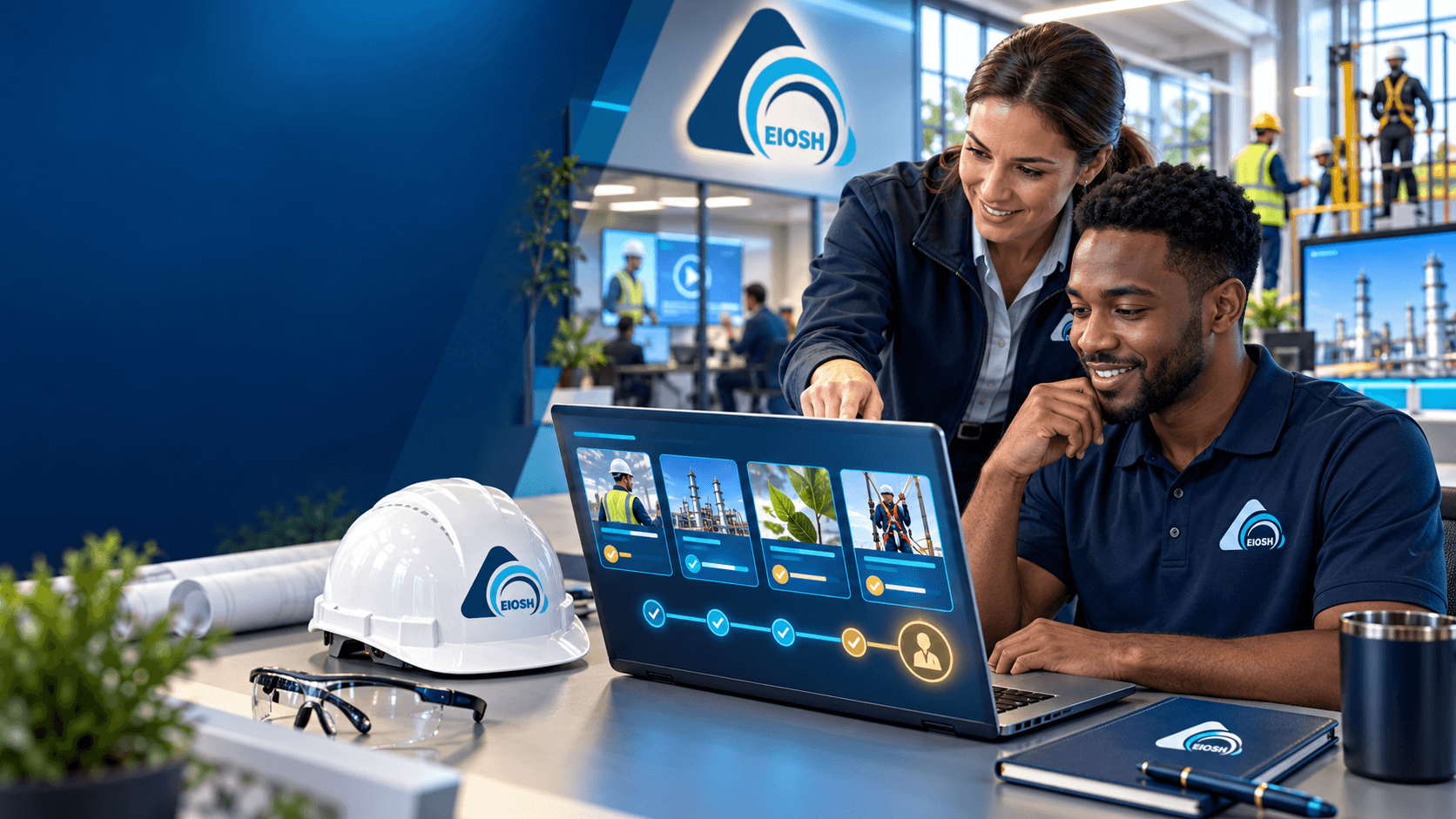 EIOSH-branded learner exploring OTHM UK safety programmes in a modern hybrid learning hub